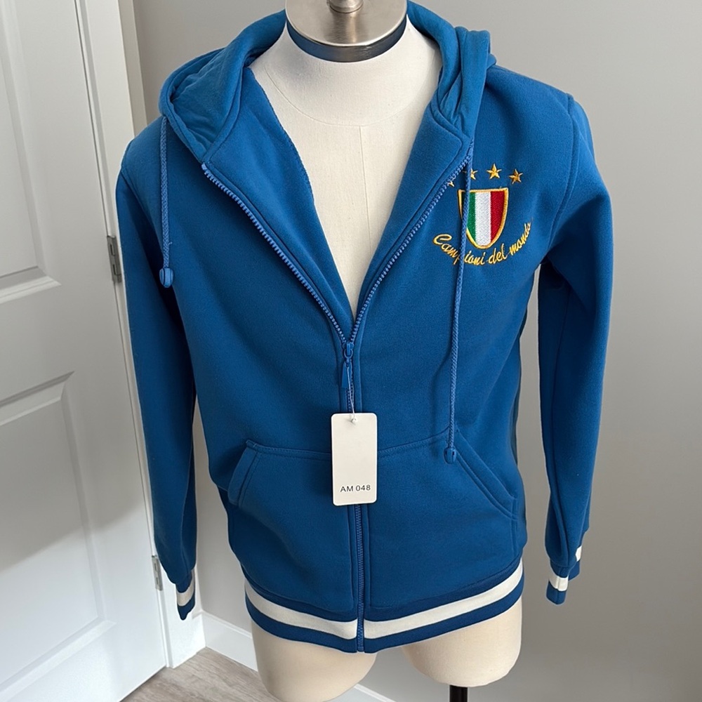 Blue  Zipperd hoodie with Italian Emblem and Ribbed Cuffs